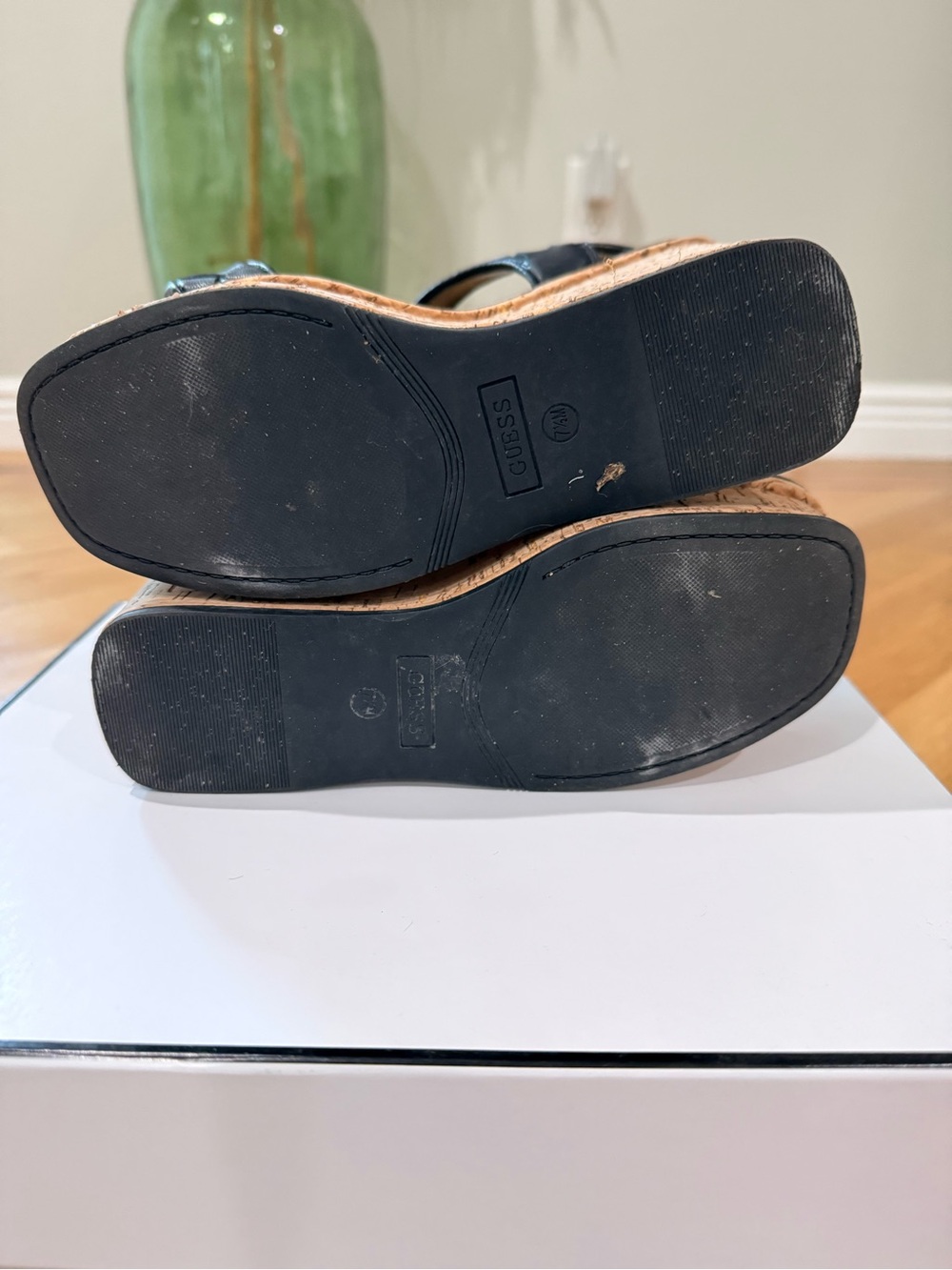 Guess Cataline Black Quilted Leather Cork Wedge Sandals - Picture 7 of 7